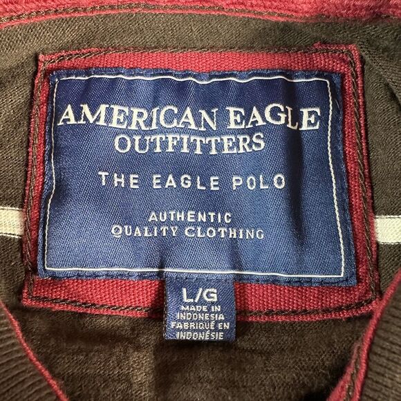 American Eagle Mens Size Large Brown White Stripe Long Sleeve Button Polo Shirt - Picture 5 of 6
